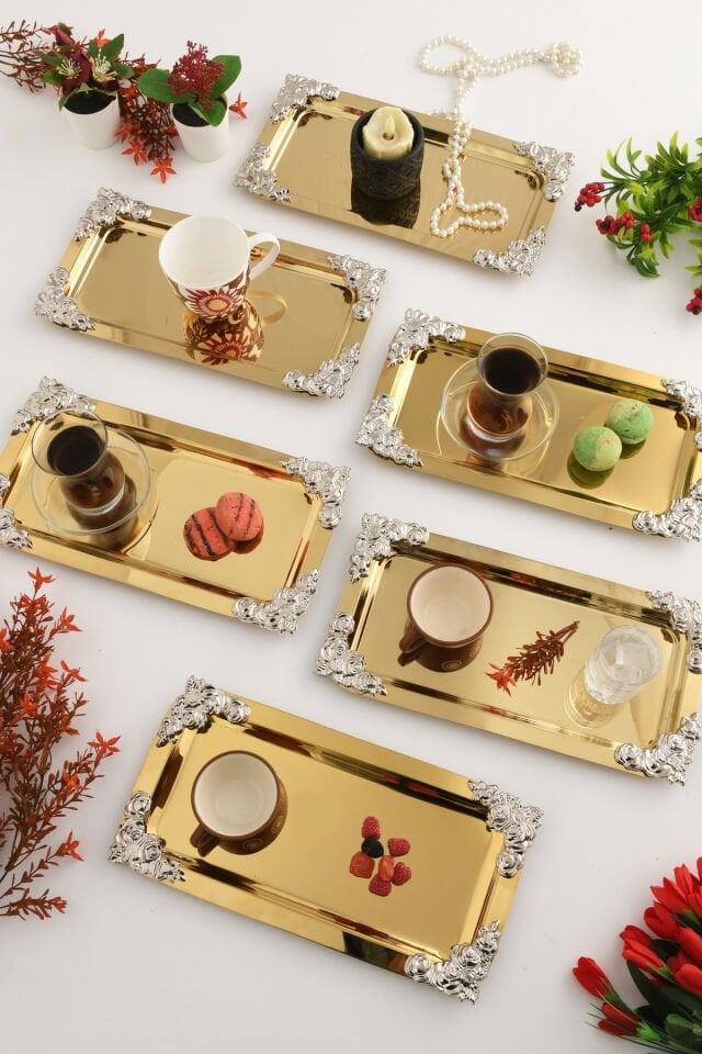 Molisi Gold 6'lı Gümüş Süs Detaylı Kayık Kahve Sunum Tepsisi Servis Çay Tepsisi Dekoratif Tepsi