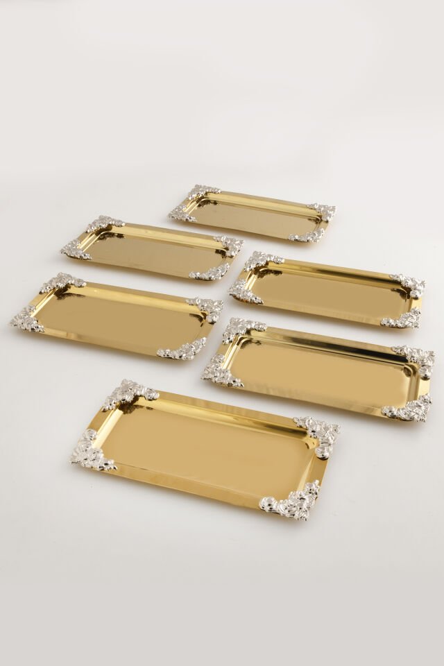 Molisi Gold 6'lı Gümüş Süs Detaylı Kayık Kahve Sunum Tepsisi Servis Çay Tepsisi Dekoratif Tepsi