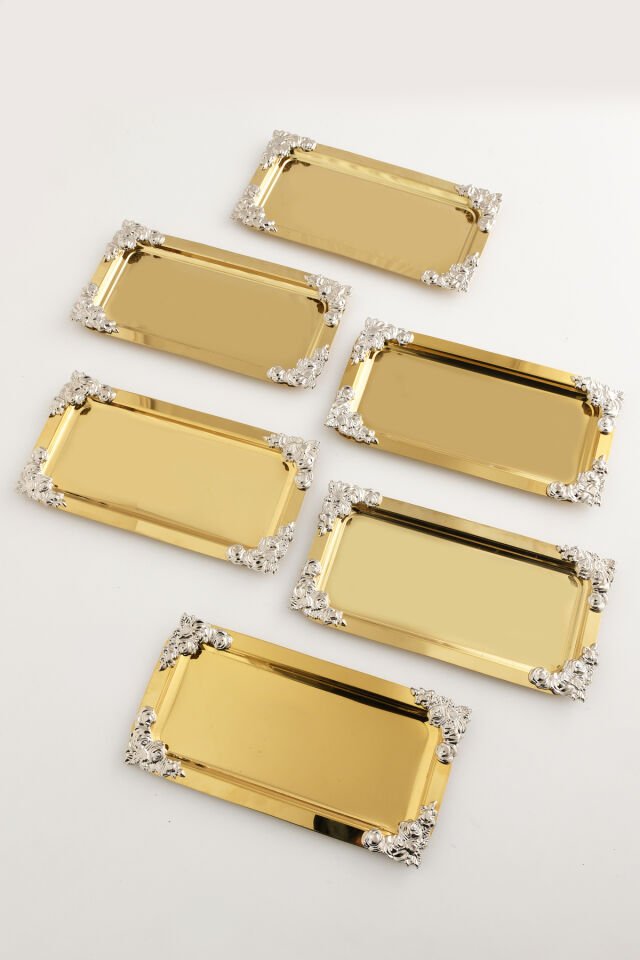 Molisi Gold 6'lı Gümüş Süs Detaylı Kayık Kahve Sunum Tepsisi Servis Çay Tepsisi Dekoratif Tepsi