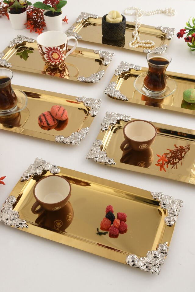 Molisi Gold 6'lı Gümüş Süs Detaylı Kayık Kahve Sunum Tepsisi Servis Çay Tepsisi Dekoratif Tepsi