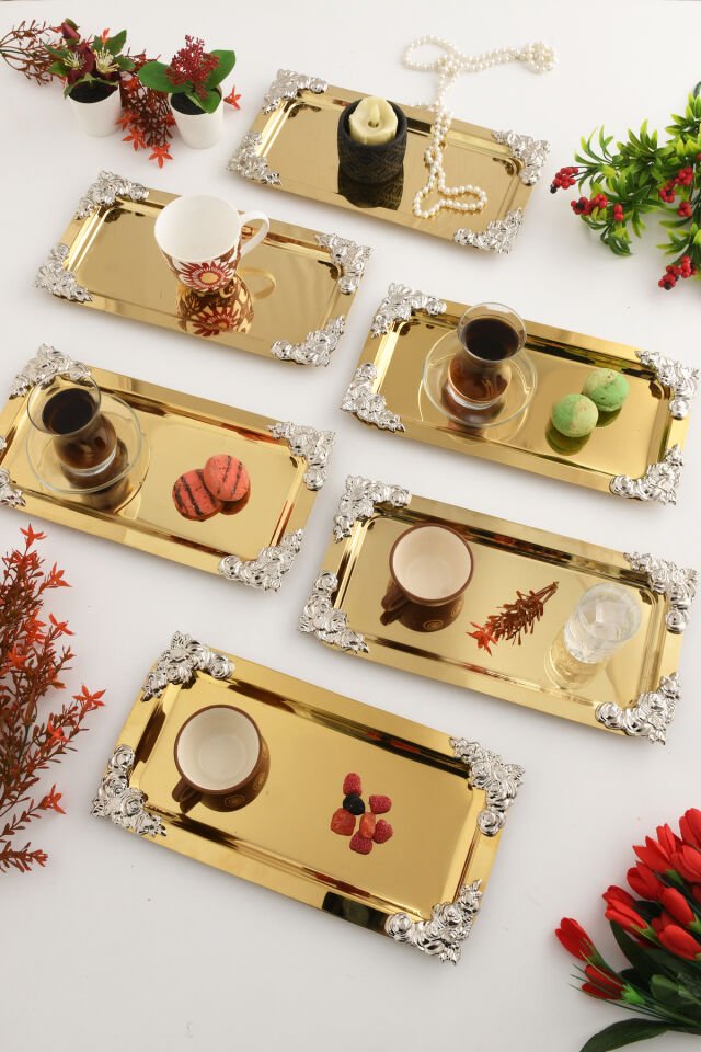 Molisi Gold 6'lı Gümüş Süs Detaylı Kayık Kahve Sunum Tepsisi Servis Çay Tepsisi Dekoratif Tepsi