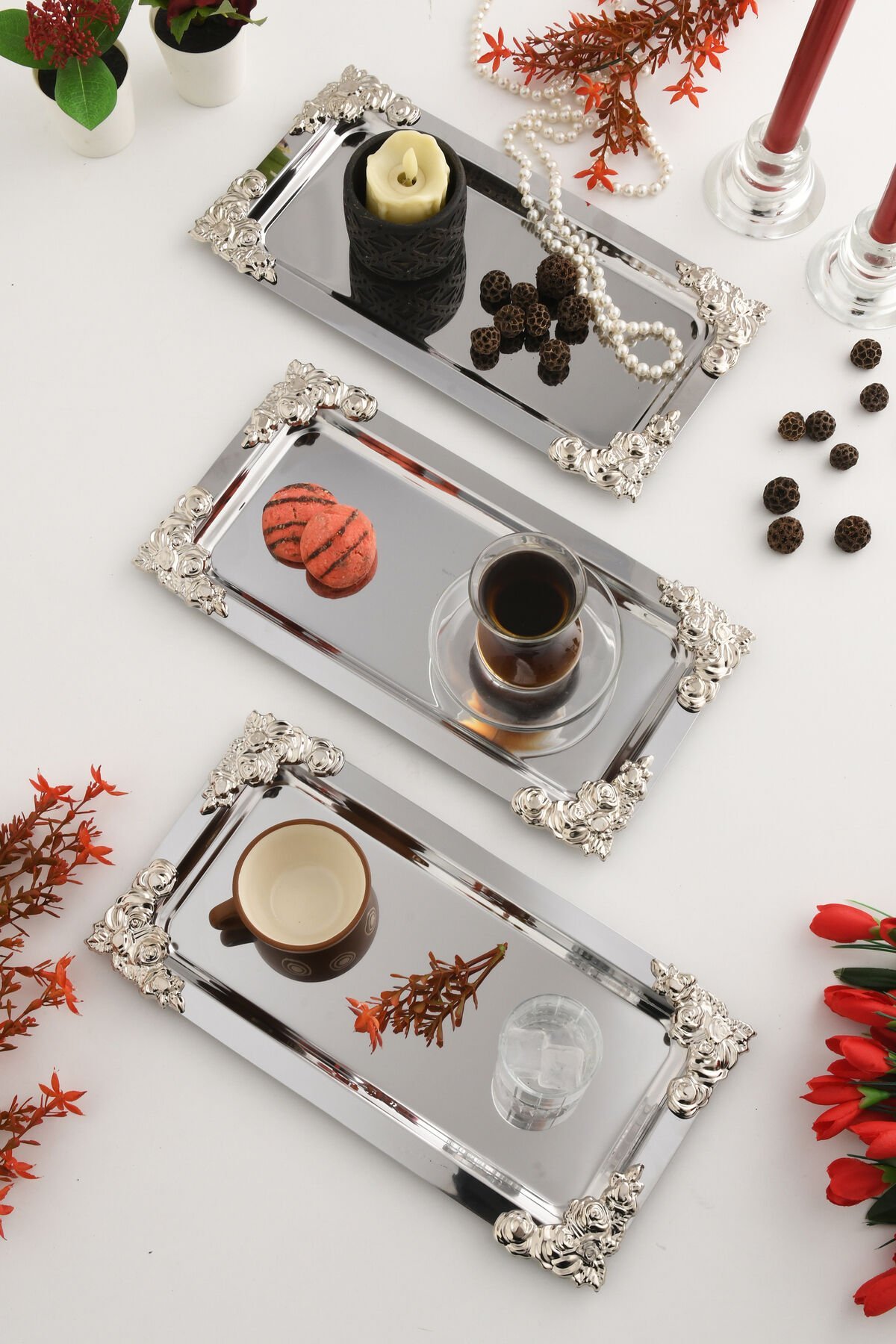 Molisi Gümüş 3'lü Gümüş Süs Detaylı Kayık Kahve Sunum Tepsisi Servis Çay Tepsisi Dekoratif Tepsi