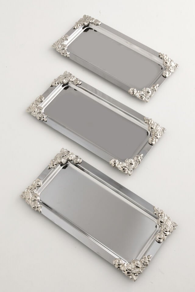 Molisi Gümüş 3'lü Gümüş Süs Detaylı Kayık Kahve Sunum Tepsisi Servis Çay Tepsisi Dekoratif Tepsi