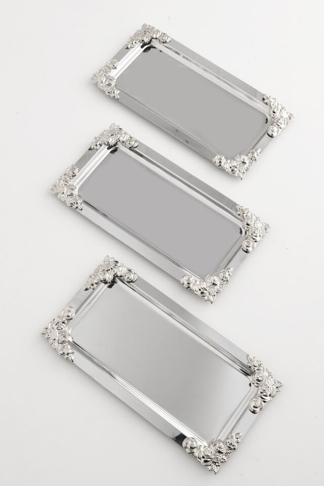 Molisi Gümüş 3'lü Gümüş Süs Detaylı Kayık Kahve Sunum Tepsisi Servis Çay Tepsisi Dekoratif Tepsi