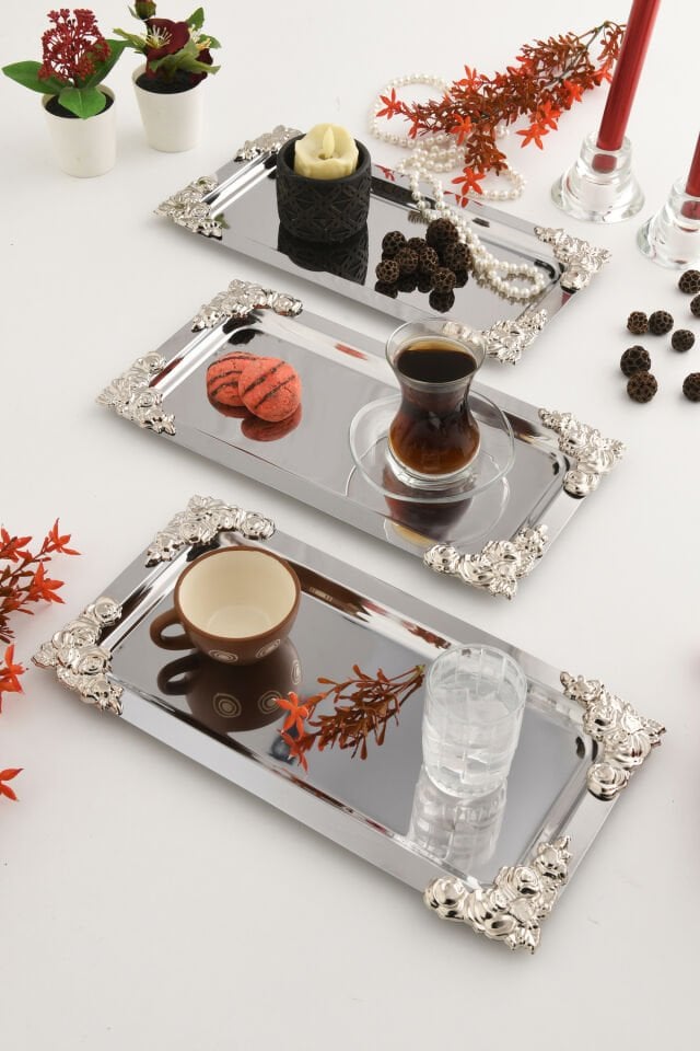 Molisi Gümüş 3'lü Gümüş Süs Detaylı Kayık Kahve Sunum Tepsisi Servis Çay Tepsisi Dekoratif Tepsi