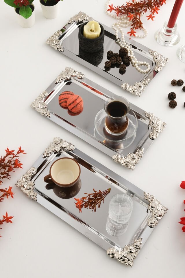 Molisi Gümüş 3'lü Gümüş Süs Detaylı Kayık Kahve Sunum Tepsisi Servis Çay Tepsisi Dekoratif Tepsi