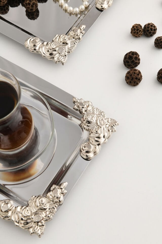 Molisi Gümüş 3'lü Gümüş Süs Detaylı Kayık Kahve Sunum Tepsisi Servis Çay Tepsisi Dekoratif Tepsi