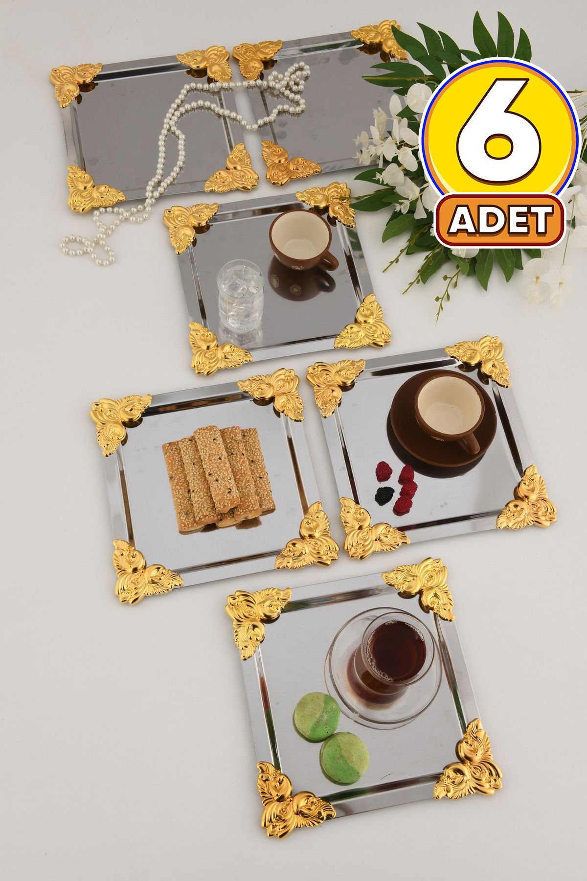 Pietra Paslanmaz Kare 4 Köşesi Sarı Çiçek Detaylı 6'lı Sunum Tepsisi