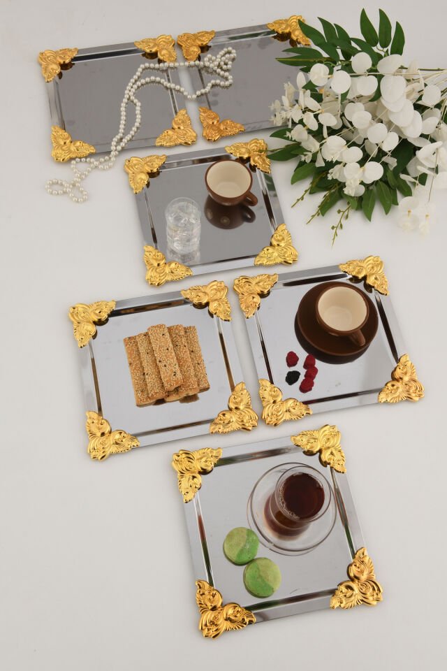 Pietra Paslanmaz Kare 4 Köşesi Sarı Çiçek Detaylı 6'lı Sunum Tepsisi