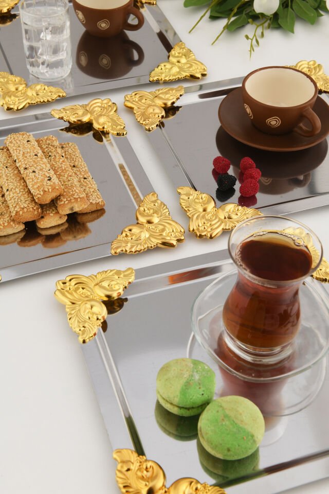 Pietra Paslanmaz Kare 4 Köşesi Sarı Çiçek Detaylı 6'lı Sunum Tepsisi