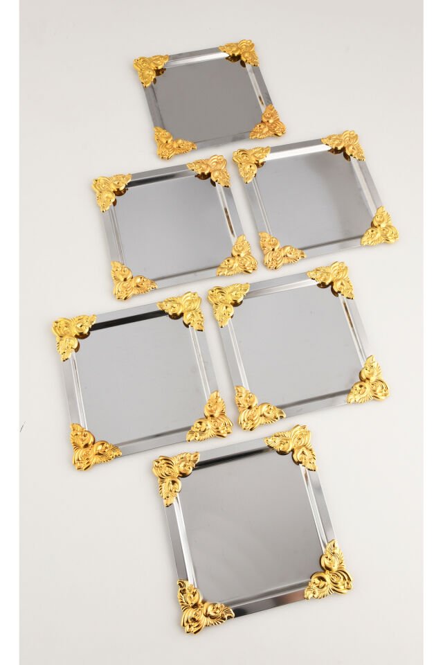 Pietra Paslanmaz Kare 4 Köşesi Sarı Çiçek Detaylı 6'lı Sunum Tepsisi