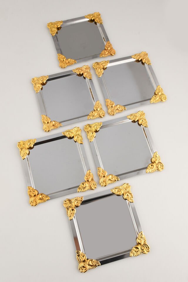 Pietra Paslanmaz Kare 4 Köşesi Sarı Çiçek Detaylı 6'lı Sunum Tepsisi