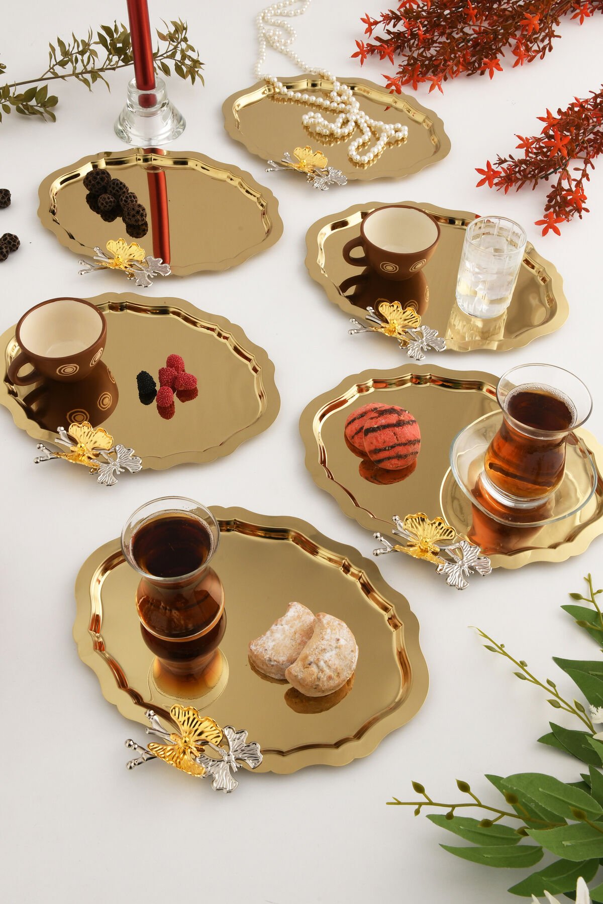 Keveldi Gold 6'lı Kelebek Detaylı Oval Kahve Sunum Tepsisi Servis Çay Tepsisi Dekoratif Tepsi