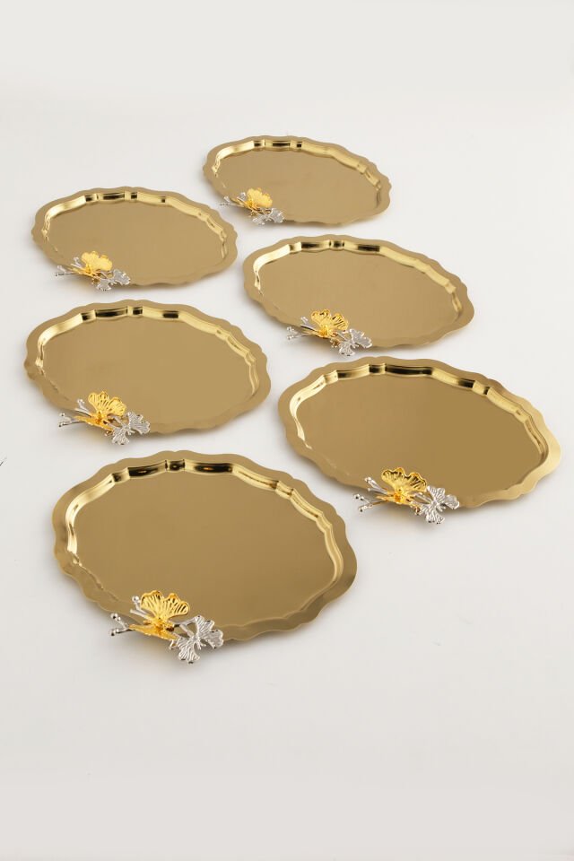 Keveldi Gold 6'lı Kelebek Detaylı Oval Kahve Sunum Tepsisi Servis Çay Tepsisi Dekoratif Tepsi