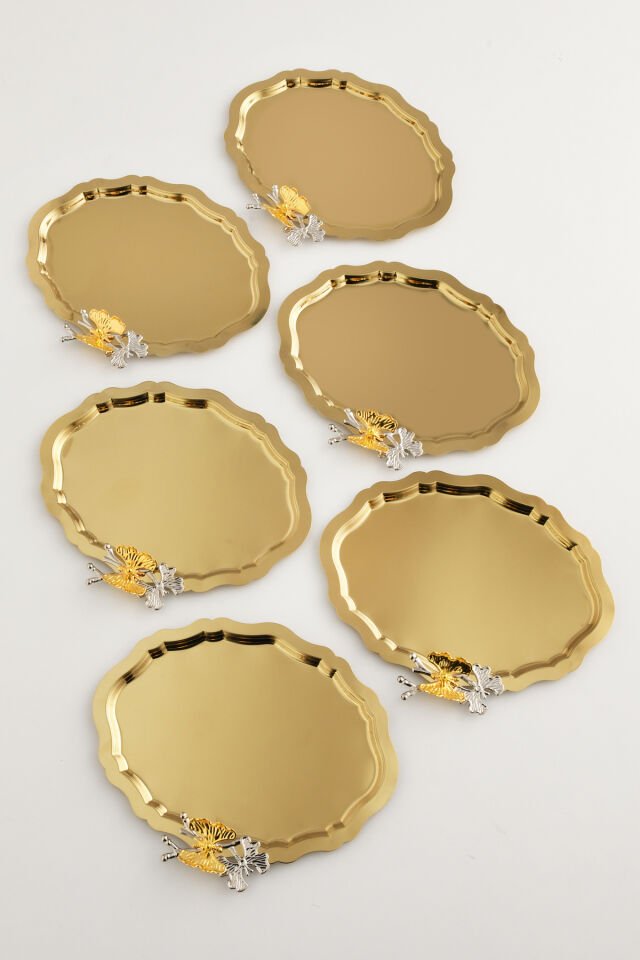 Keveldi Gold 6'lı Kelebek Detaylı Oval Kahve Sunum Tepsisi Servis Çay Tepsisi Dekoratif Tepsi