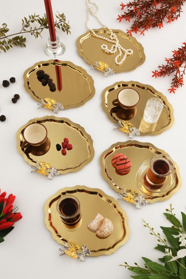 Keveldi Gold 6'lı Kelebek Detaylı Oval Kahve Sunum Tepsisi Servis Çay Tepsisi Dekoratif Tepsi