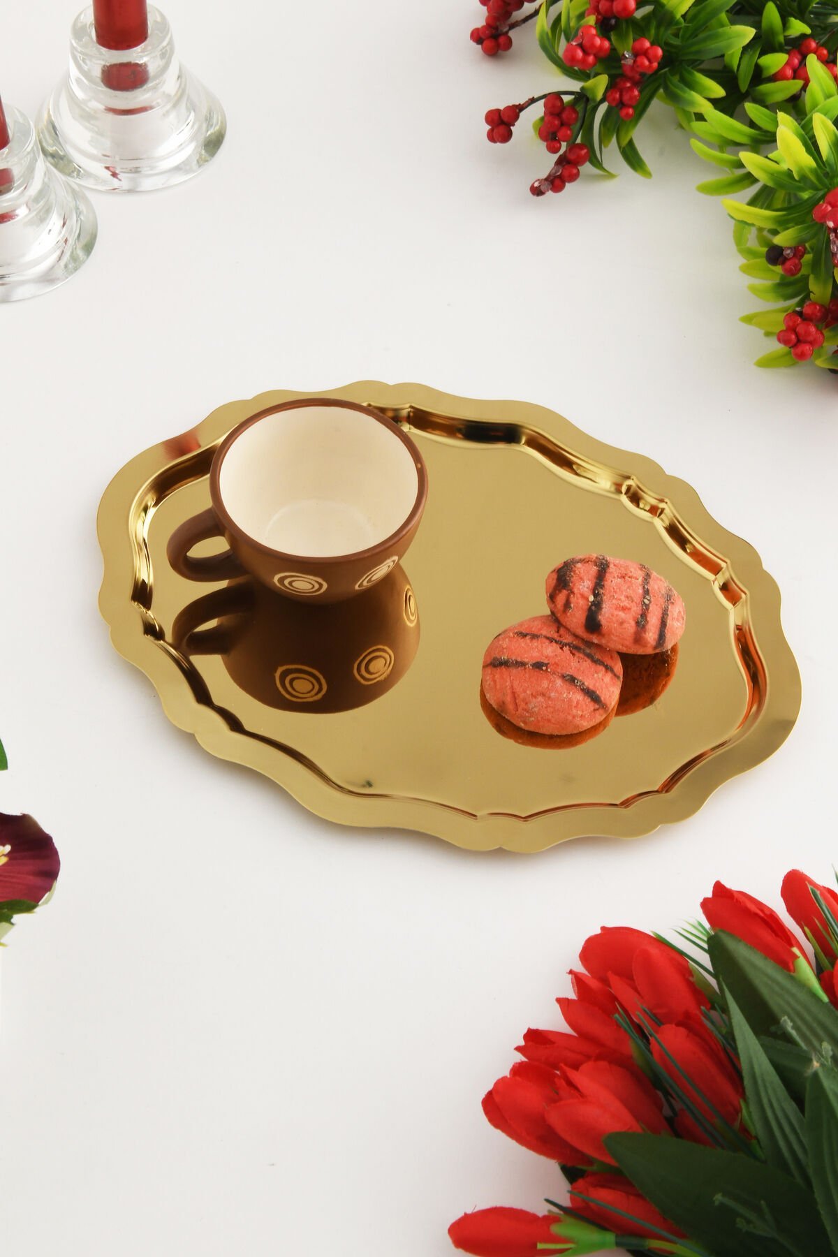 Ovaldi Gold Paslanmaz Çelik Oval Kahve Sunum Tepsisi Servis Çay Tepsisi Dekoratif Tepsi