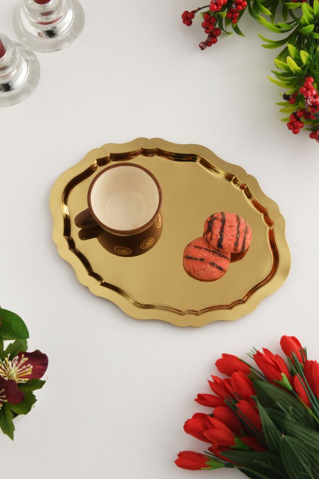 Ovaldi Gold Paslanmaz Çelik Oval Kahve Sunum Tepsisi Servis Çay Tepsisi Dekoratif Tepsi