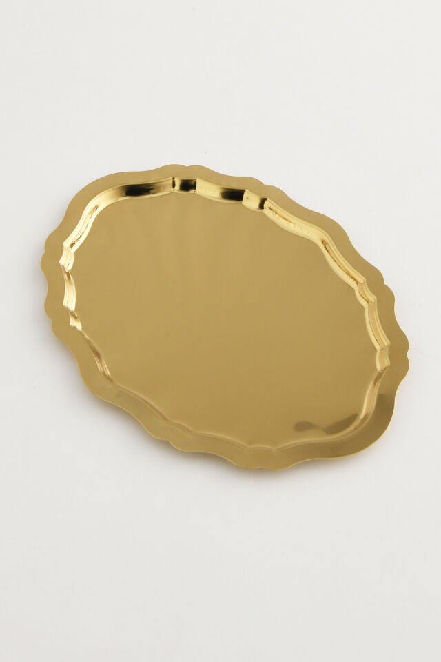 Ovaldi Gold Paslanmaz Çelik Oval Kahve Sunum Tepsisi Servis Çay Tepsisi Dekoratif Tepsi