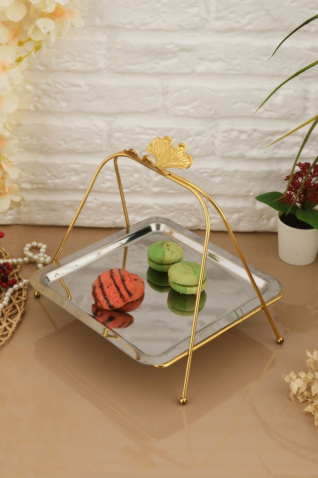 Lila Lüks Gümüş Paslanmaz Metal Sunum ve Servis Tepsisi Dekoratif Ayaklı İkramlık Tabak Tepsi