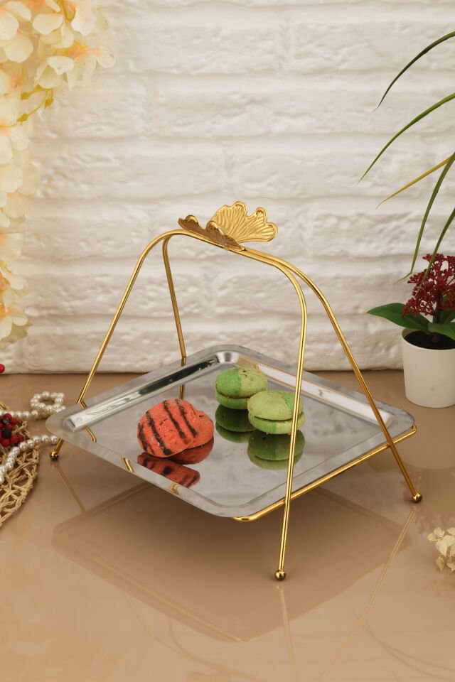 Lila Lüks Gümüş Paslanmaz Metal Sunum ve Servis Tepsisi Dekoratif Ayaklı İkramlık Tabak Tepsi