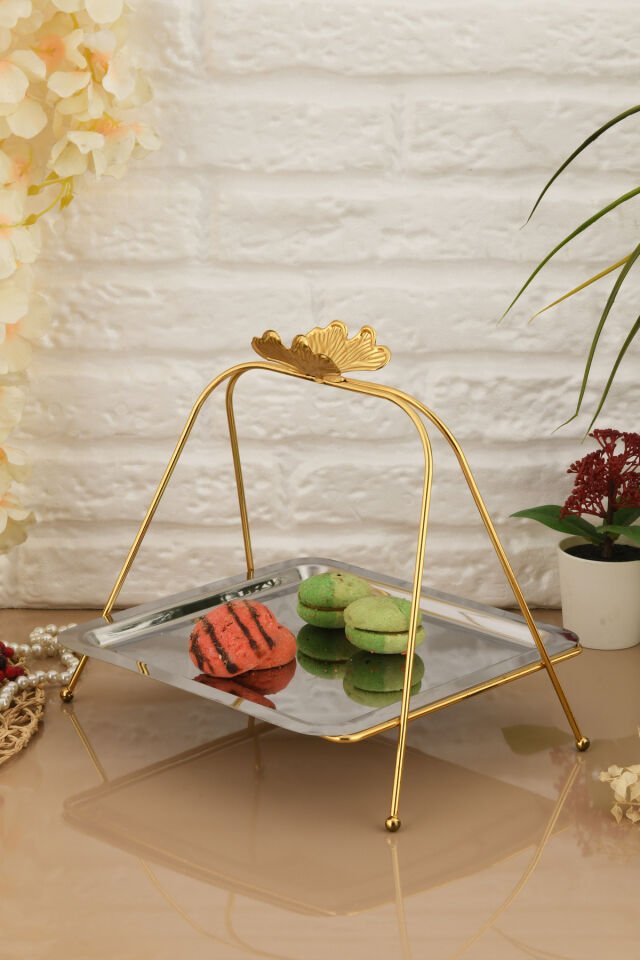 Lila Lüks Gümüş Paslanmaz Metal Sunum ve Servis Tepsisi Dekoratif Ayaklı İkramlık Tabak Tepsi