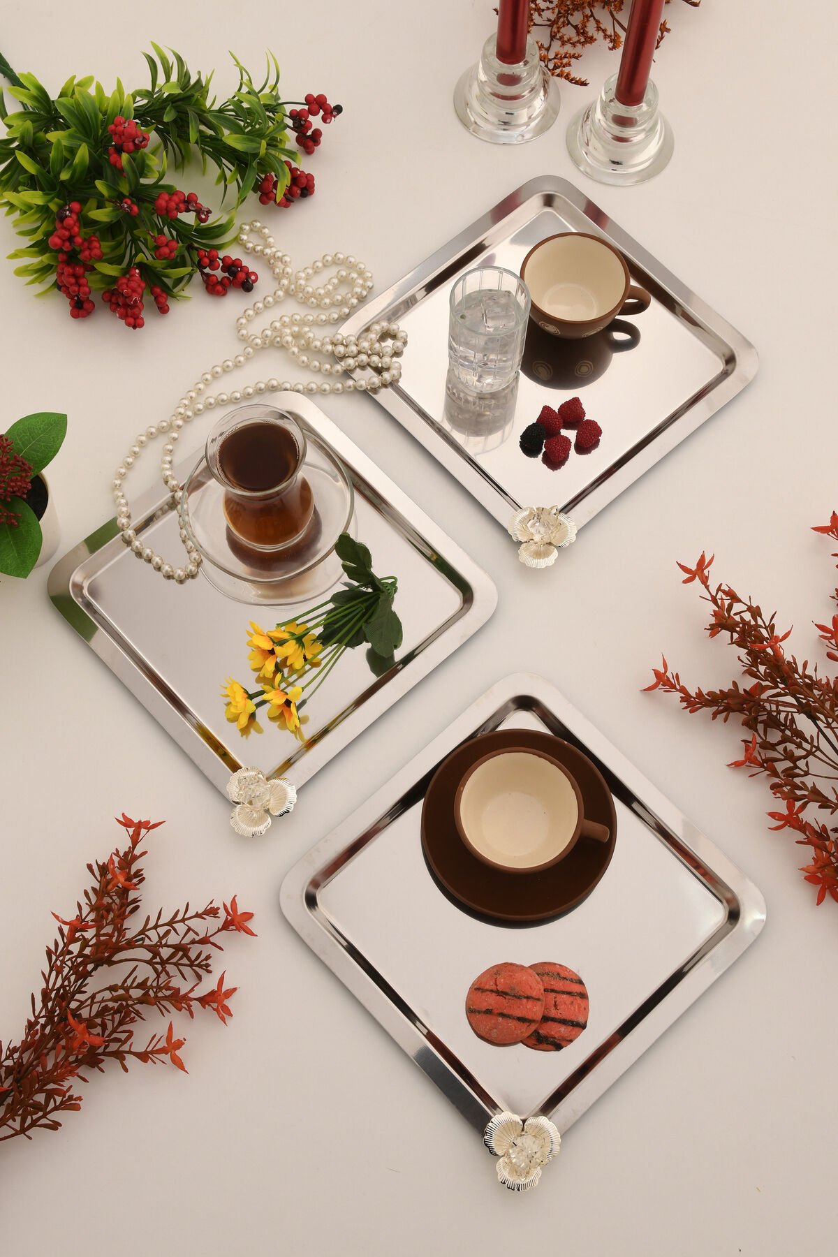 Anter Anter Paslanmaz Taşlı Kare Kahve Sunum Tepsisi 3 Adet Gümüş