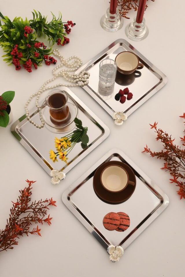 Anter Anter Paslanmaz Taşlı Kare Kahve Sunum Tepsisi 3 Adet Gümüş