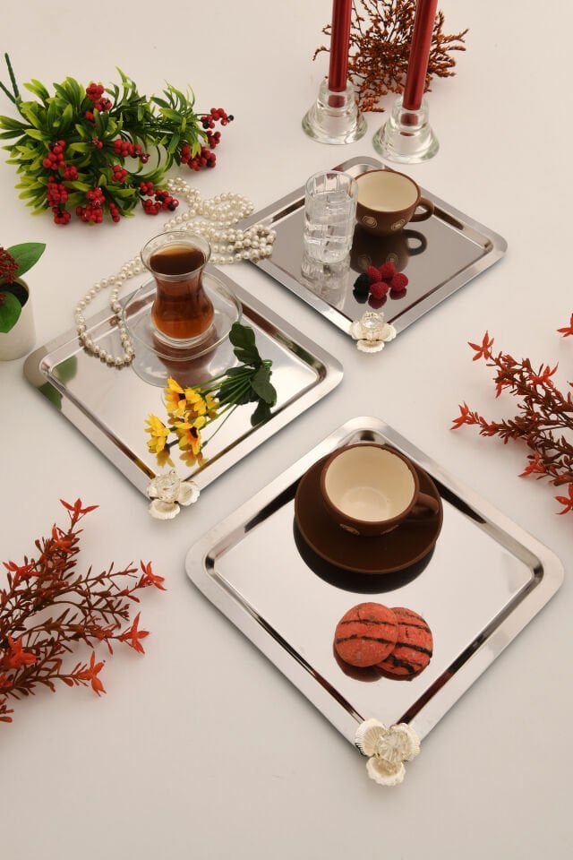 Anter Anter Paslanmaz Taşlı Kare Kahve Sunum Tepsisi 3 Adet Gümüş