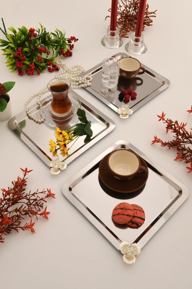 Anter Anter Paslanmaz Taşlı Kare Kahve Sunum Tepsisi 3 Adet Gümüş