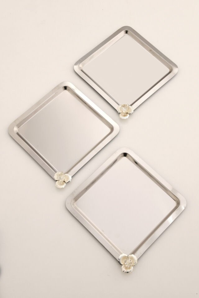 Anter Anter Paslanmaz Taşlı Kare Kahve Sunum Tepsisi 3 Adet Gümüş