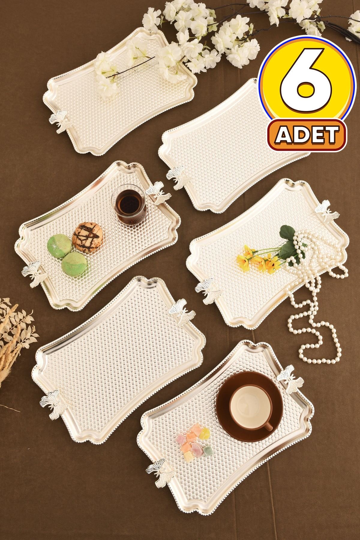 Fiano Kelebek Petek Model Kelebek Detaylı Sunum Tepsisi Gümüş 6 Lı Takım