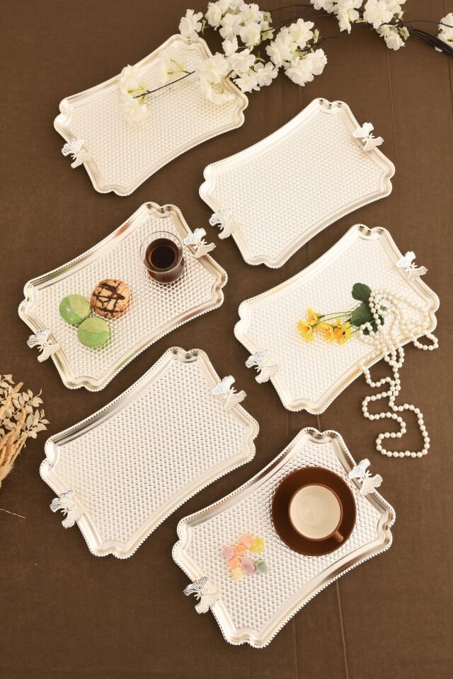 Fiano Kelebek Petek Model Kelebek Detaylı Sunum Tepsisi Gümüş 6 Lı Takım