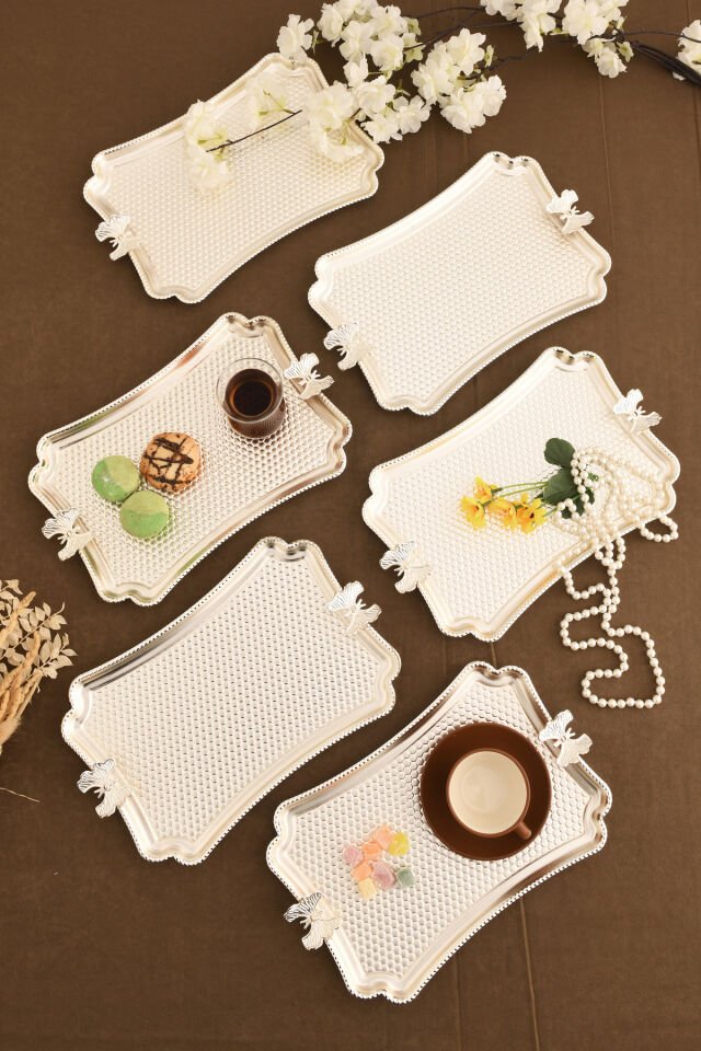 Fiano Kelebek Petek Model Kelebek Detaylı Sunum Tepsisi Gümüş 6 Lı Takım