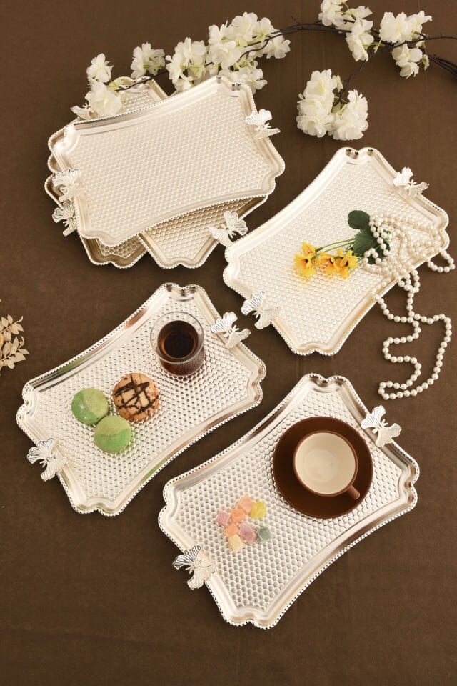 Fiano Kelebek Petek Model Kelebek Detaylı Sunum Tepsisi Gümüş 6 Lı Takım