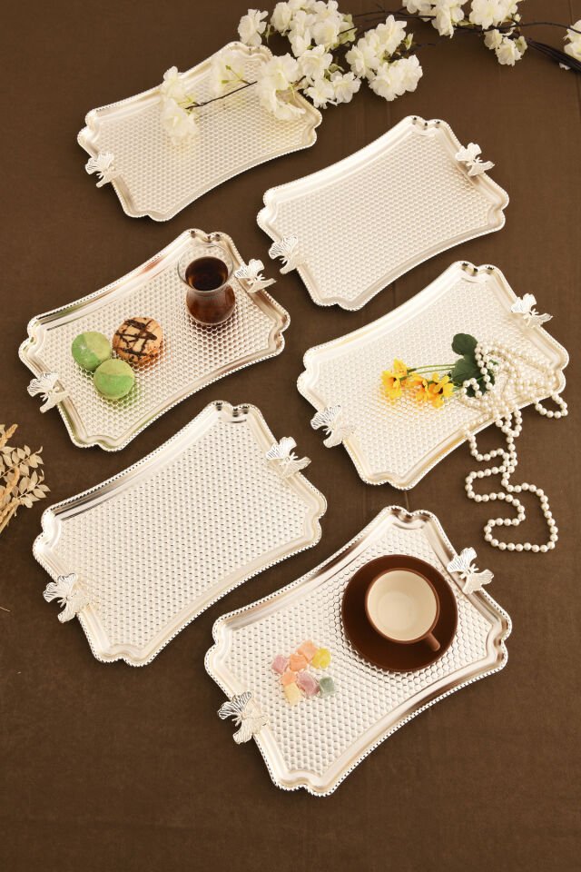 Fiano Kelebek Petek Model Kelebek Detaylı Sunum Tepsisi Gümüş 6 Lı Takım