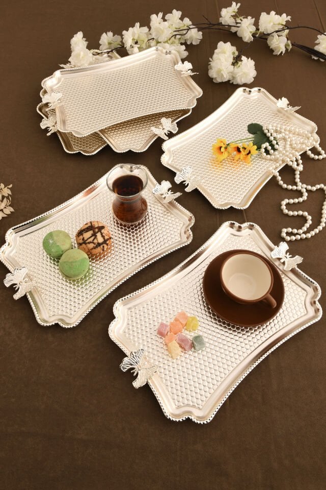 Fiano Kelebek Petek Model Kelebek Detaylı Sunum Tepsisi Gümüş 6 Lı Takım