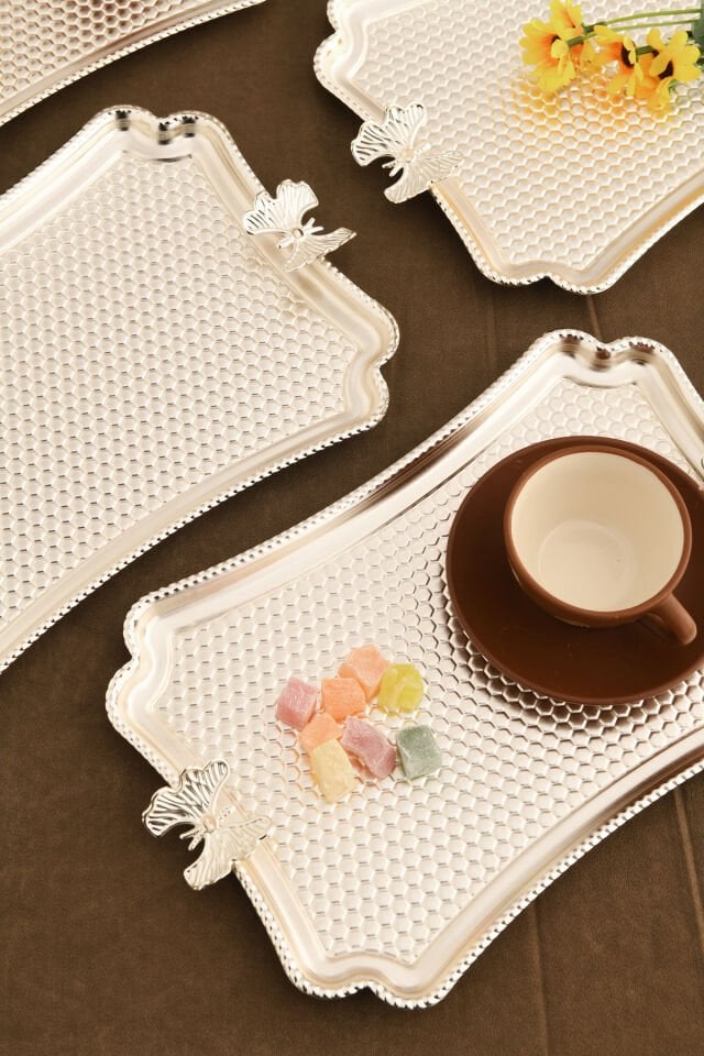 Fiano Kelebek Petek Model Kelebek Detaylı Sunum Tepsisi Gümüş 6 Lı Takım