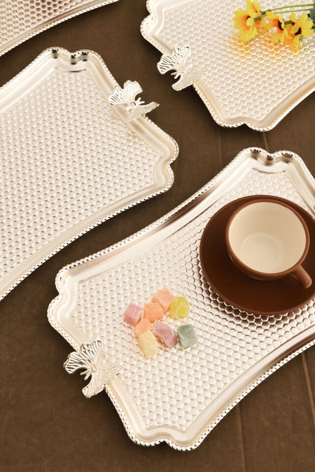 Fiano Kelebek Petek Model Kelebek Detaylı Sunum Tepsisi Gümüş 6 Lı Takım