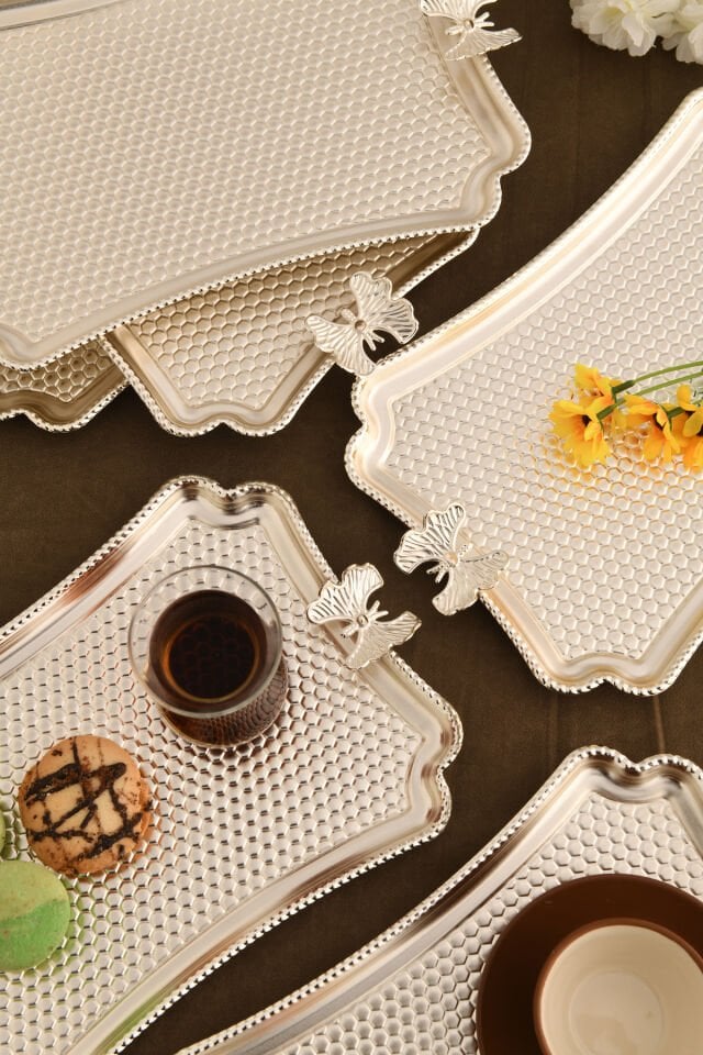 Fiano Kelebek Petek Model Kelebek Detaylı Sunum Tepsisi Gümüş 6 Lı Takım