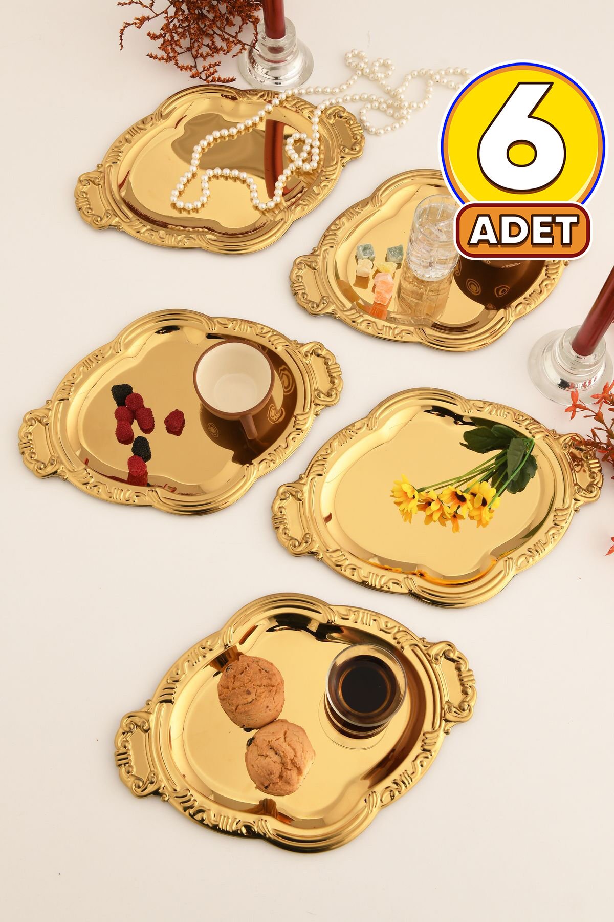 Elvir Paslanmaz Osmanlı Desen Sunum Tepsisi Gold 6 Lı Takım