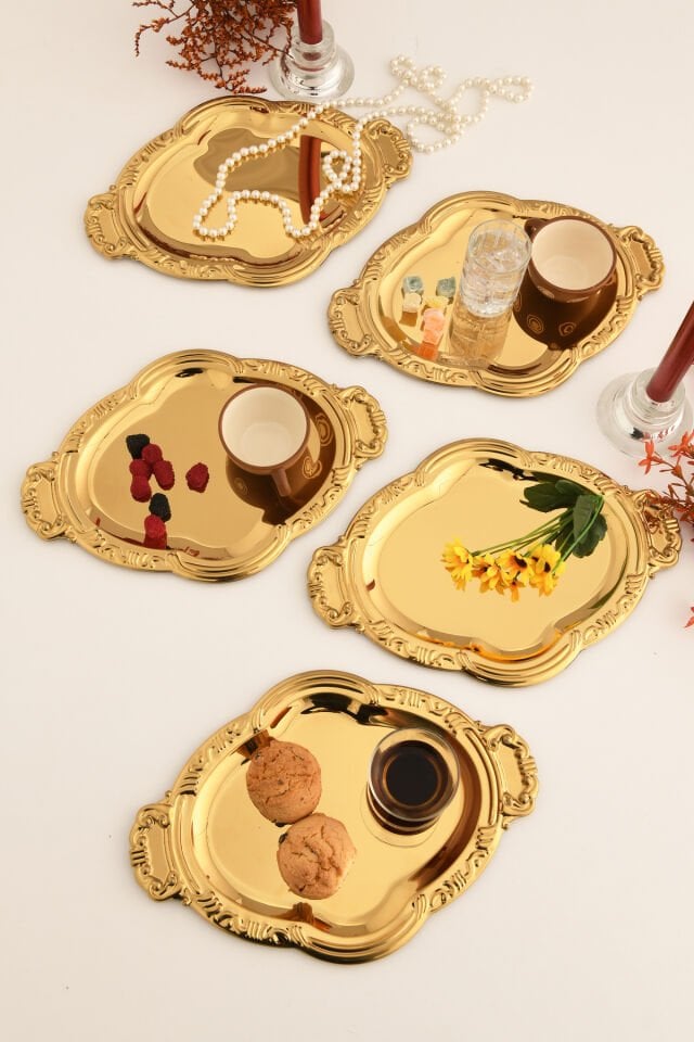 Elvir Paslanmaz Osmanlı Desen Sunum Tepsisi Gold 6 Lı Takım
