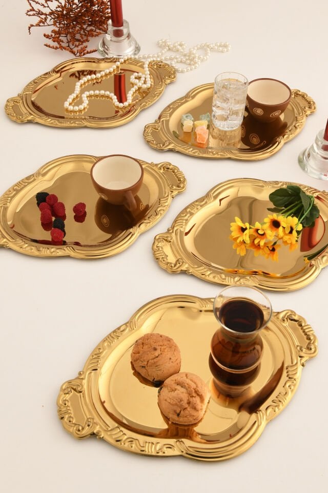 Elvir Paslanmaz Osmanlı Desen Sunum Tepsisi Gold 6 Lı Takım