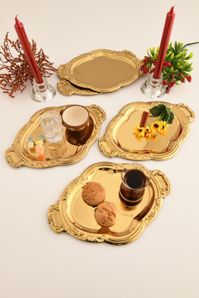 Elvir Paslanmaz Osmanlı Desen Sunum Tepsisi Gold 6 Lı Takım