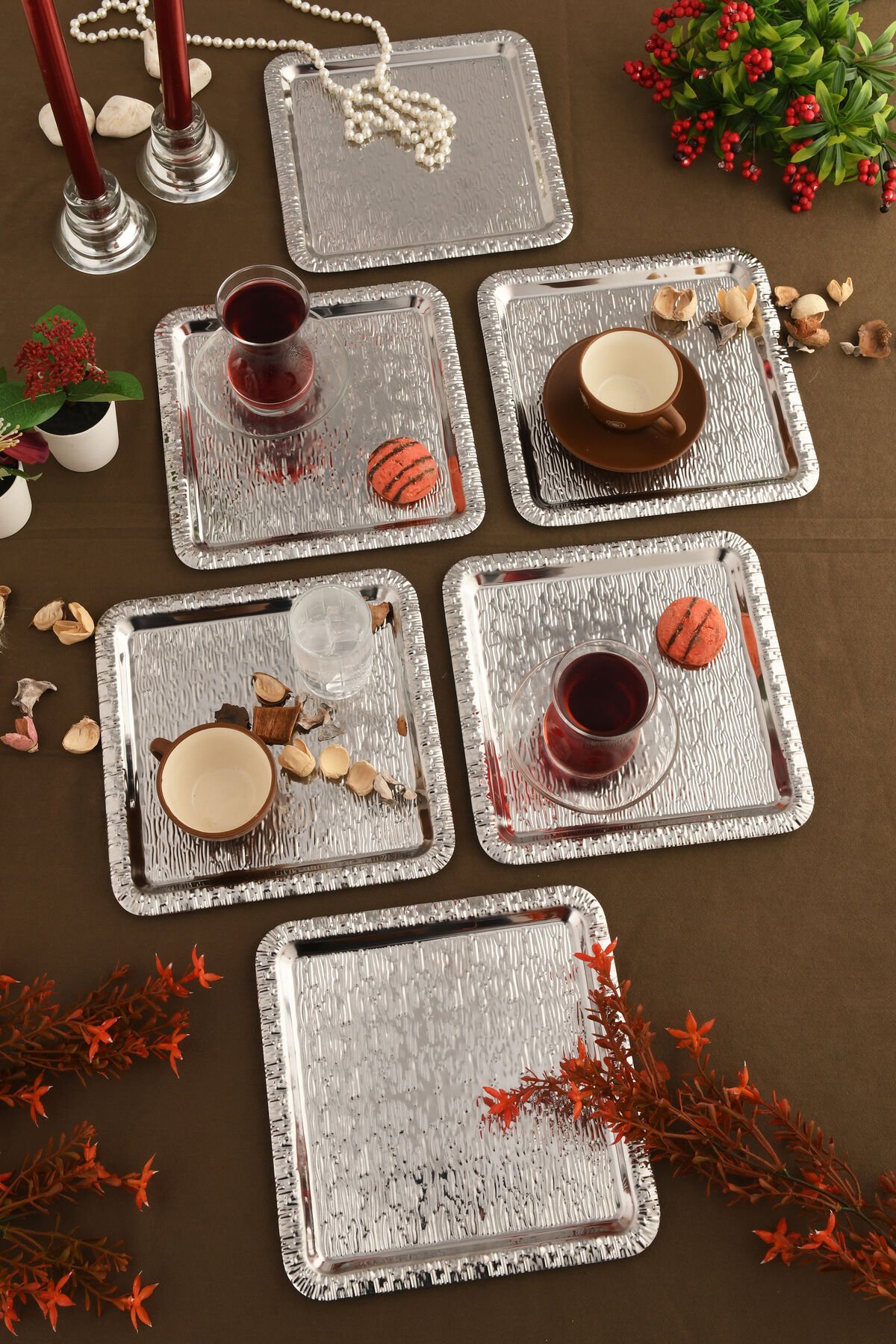 Alora Gümüş Paslanmaz Desenli Kare 6'lı Kahve Çay Sunumluk Servis Tepsi