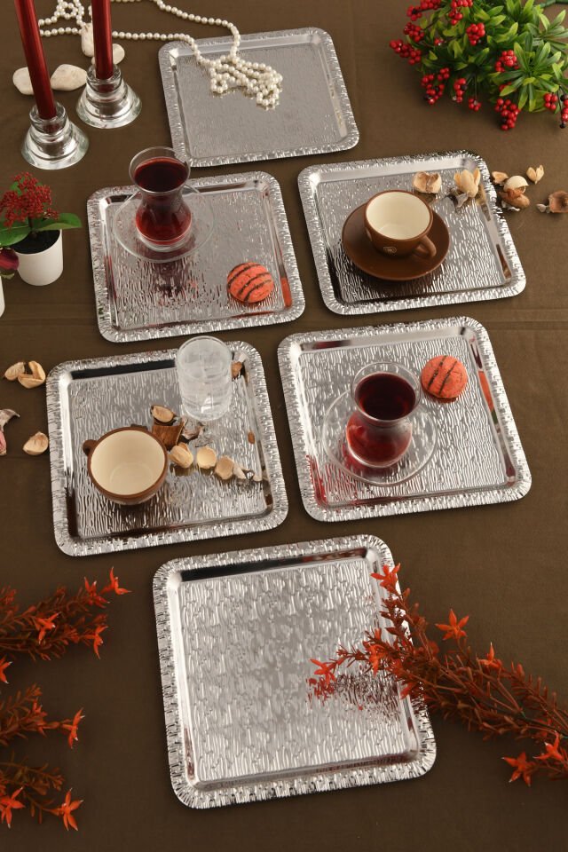 Alora Gümüş Paslanmaz Desenli Kare 6'lı Kahve Çay Sunumluk Servis Tepsi