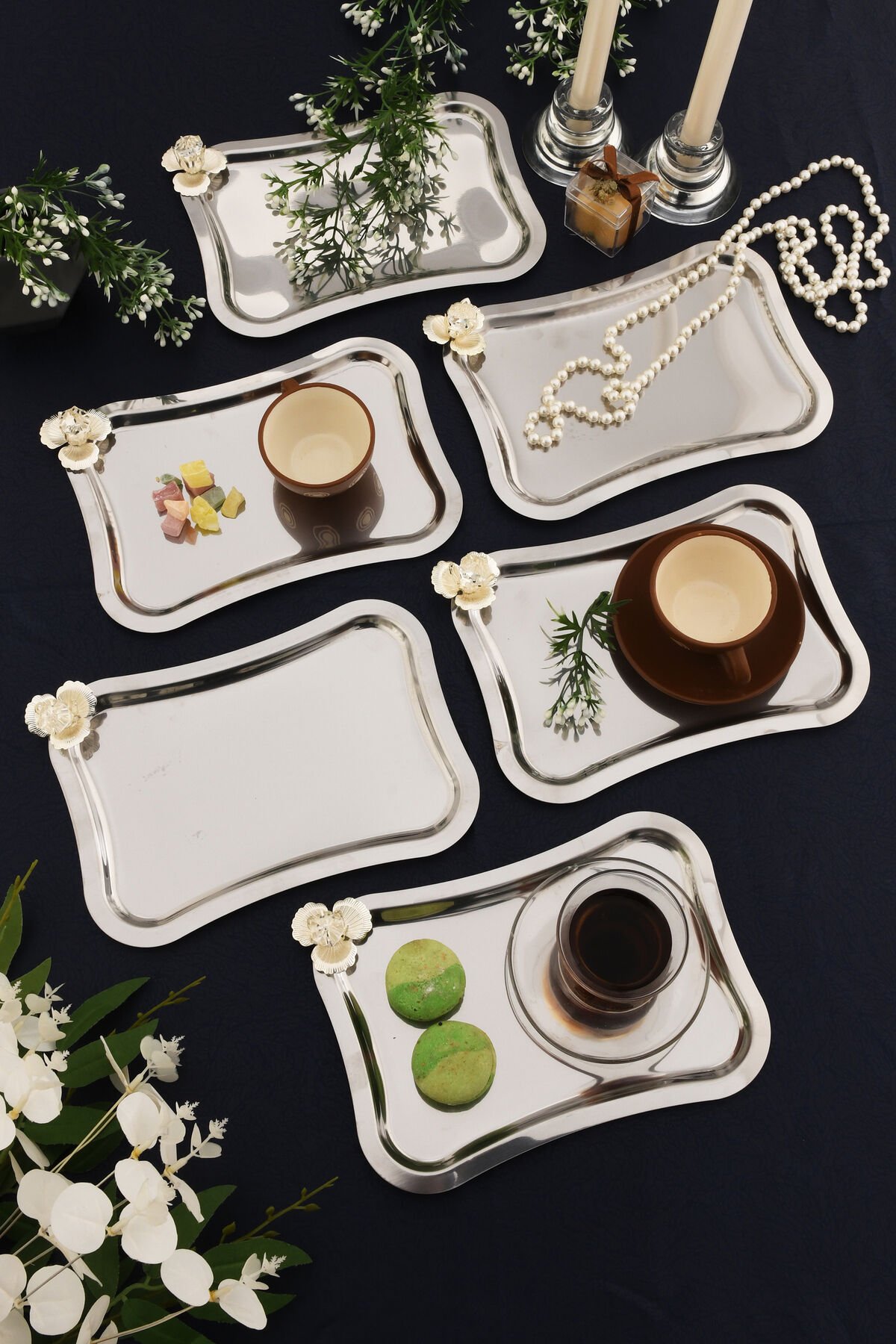 Naldo italyan model gümüş taş detaylı 6'lı sunum tepsisi gümüş