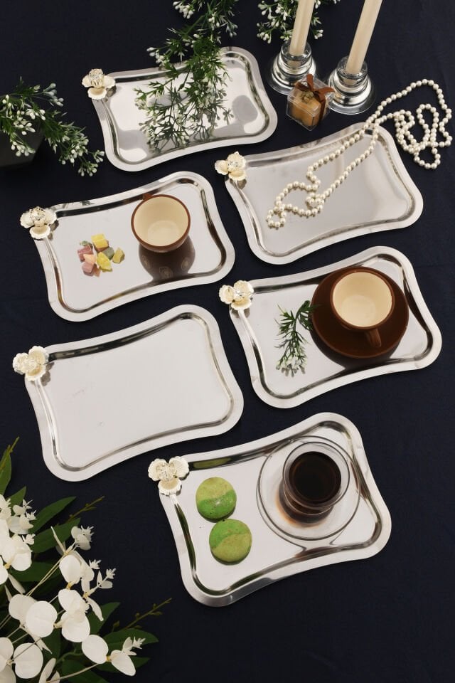 Naldo italyan model gümüş taş detaylı 6'lı sunum tepsisi gümüş