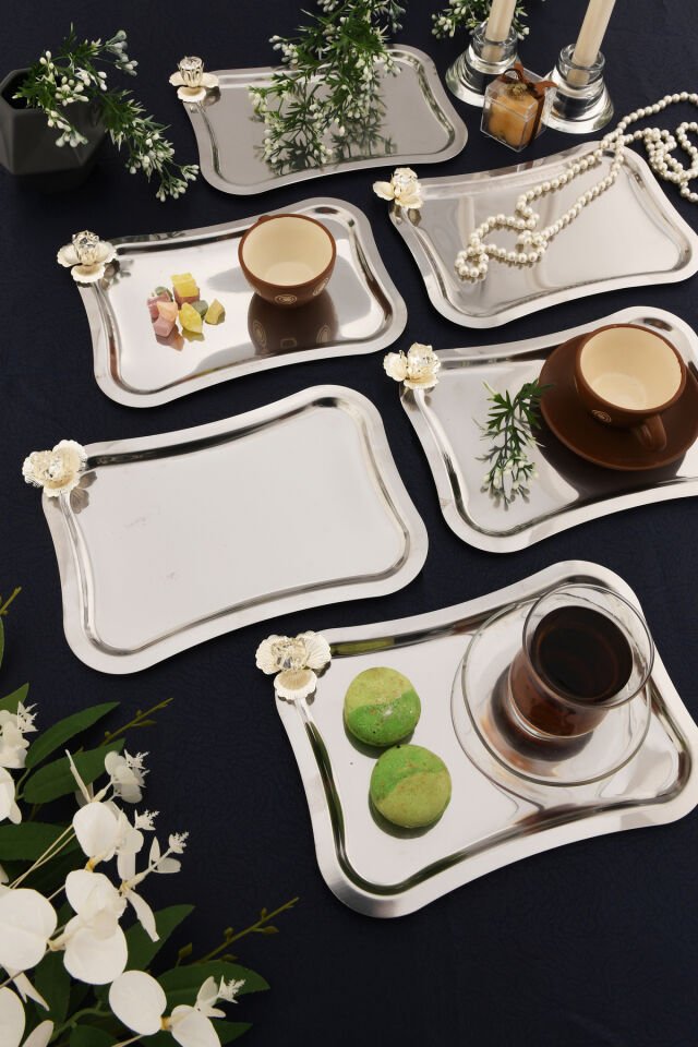 Naldo italyan model gümüş taş detaylı 6'lı sunum tepsisi gümüş