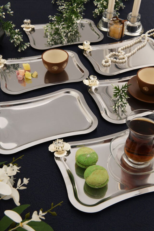 Naldo italyan model gümüş taş detaylı 6'lı sunum tepsisi gümüş